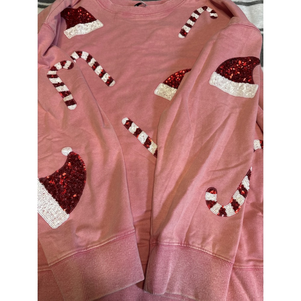 White Birch Pink‎ Sequin Santa Hat Candy Cane Christmas Sweatshirt Women's Large - Picture 6 of 7
